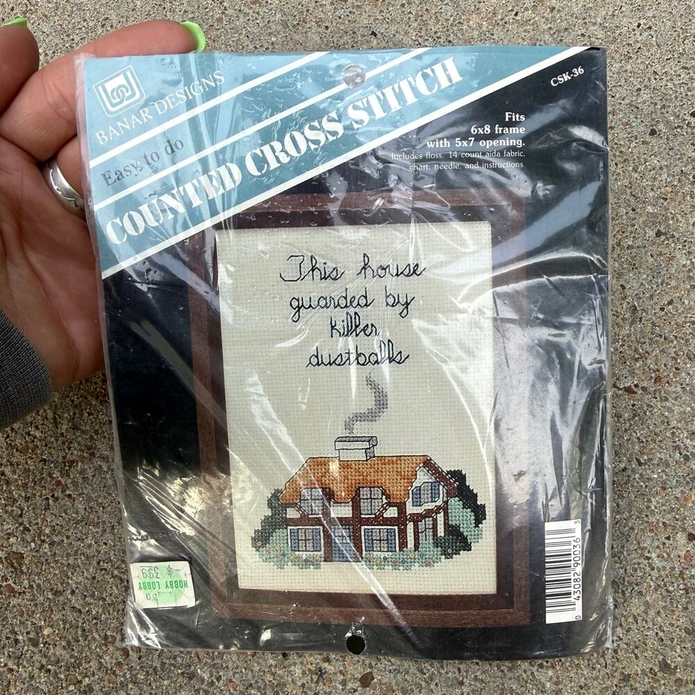 Vintage 80s Counted Cross Stitch This House Guarded By Ki11er Dustballs